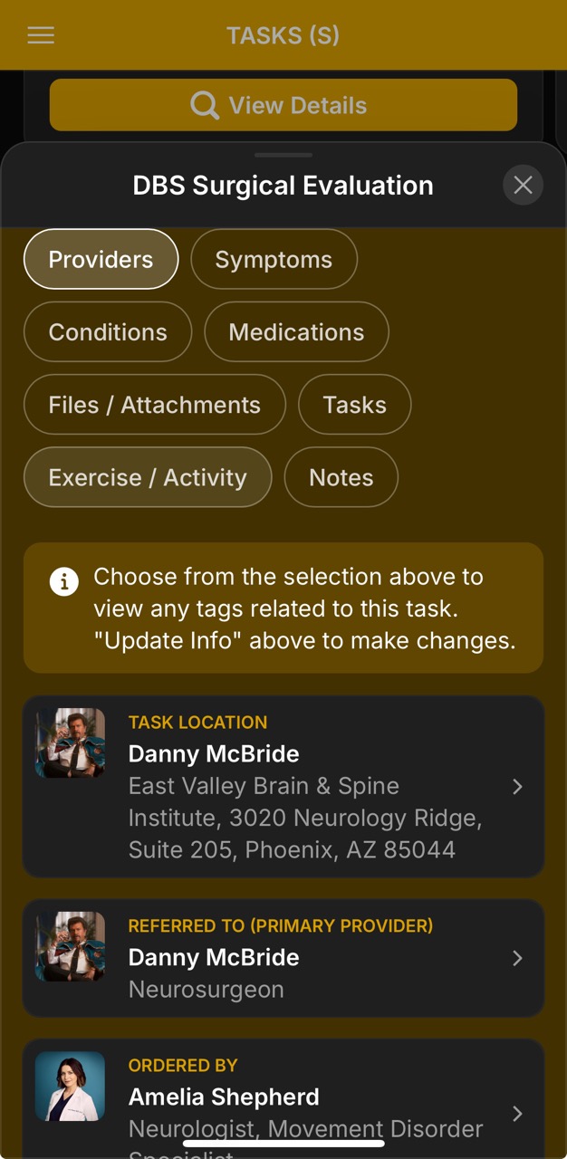 Tasks Detail Page (DBS Surgical Eval, Relevant Providers)